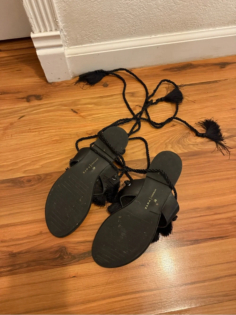 Zara Black Fringe Tie-Up Sandals - Picture 9 of 9